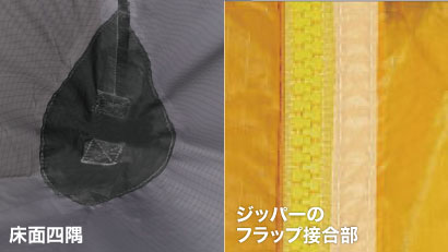 床面の四隅とジッパーのフラップ接合部の画像