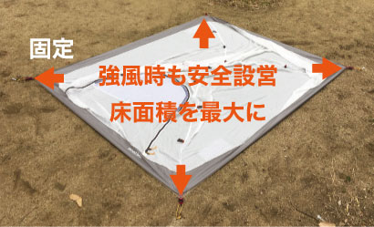 テント本体を地面に広げた様子