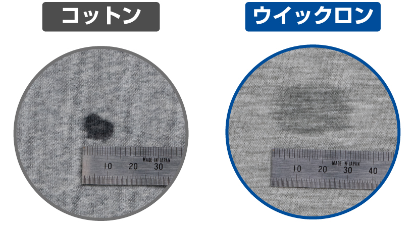 コットンとウイックロンの水の広がる範囲の比較
