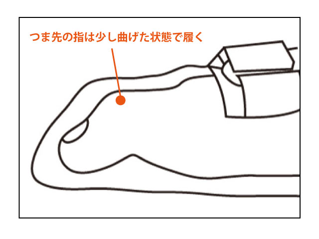 クライミングシューズのサイズ選びについてのイラスト。つま先の指は少し曲げた状態で履くのがおすすめ。