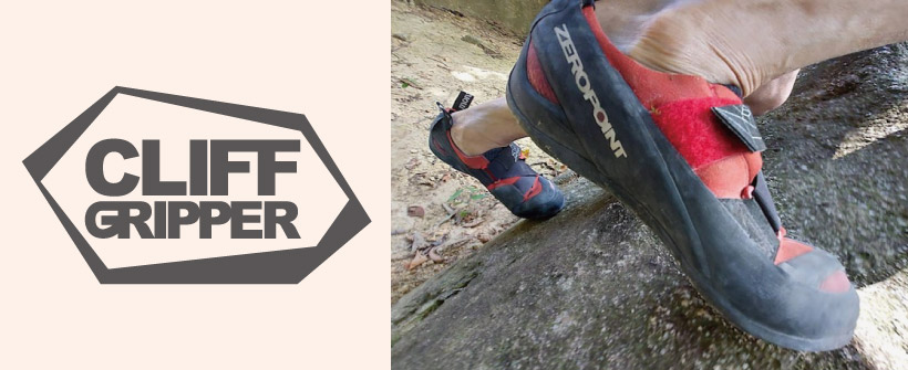 クリフグリッパーのロゴマークと、岩を登っているクライミングシューズのアップ画像