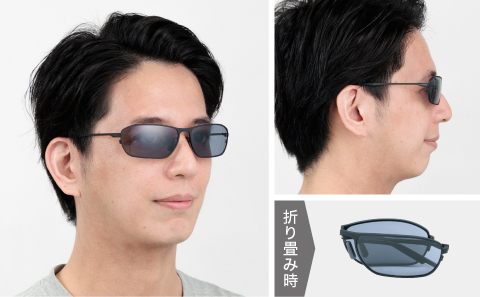 男性がチタントレッキンググラスを掛けた、斜め前からと真横からの着用イメージと、折り畳み時のイメージ