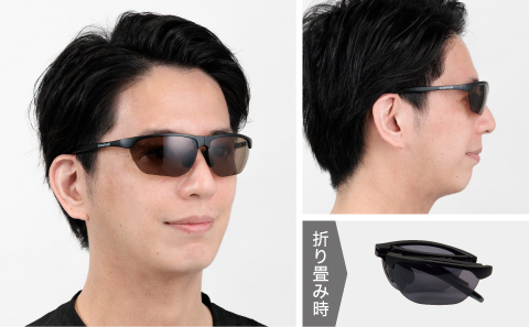 男性がフォールディングトレールグラスを掛けた、斜め前からと真横からの着用イメージと、折り畳み時のイメージ