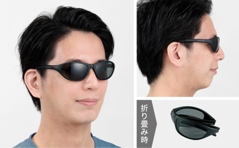 男性がトレッキンググラスを掛けた、斜め前からと真横からの着用イメージと、折り畳み時のイメージ