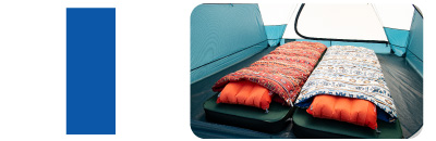 左に、レクタングラー型を示すイラスト。右に、ムーンライト テント4内でキャンプパッド 100とダウンファミリーバッグを使用しているイメージ画像。