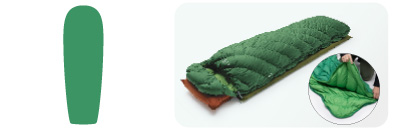 左に、ハイブリッド型を示すイラスト。右に、スリーピングパッドの上にダウン O.D.スリーピングバッグ#3を敷いているイメージ画像と、スリーピングバッグの裾にあるL字型ジッパーを開いているイメージ画像。